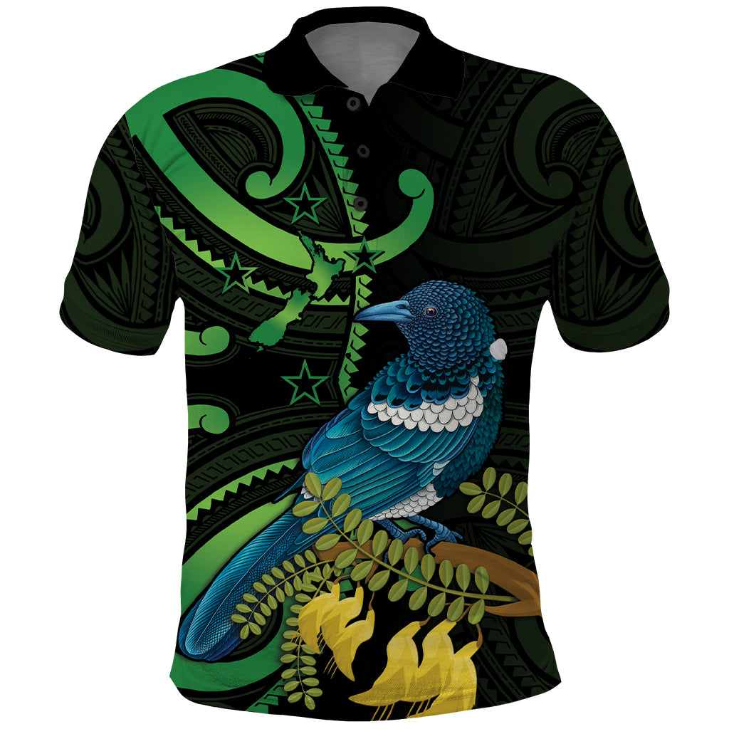 New Zealand Tui Bird Polo Shirt Aotearoa Maori With Kowhai Flowers