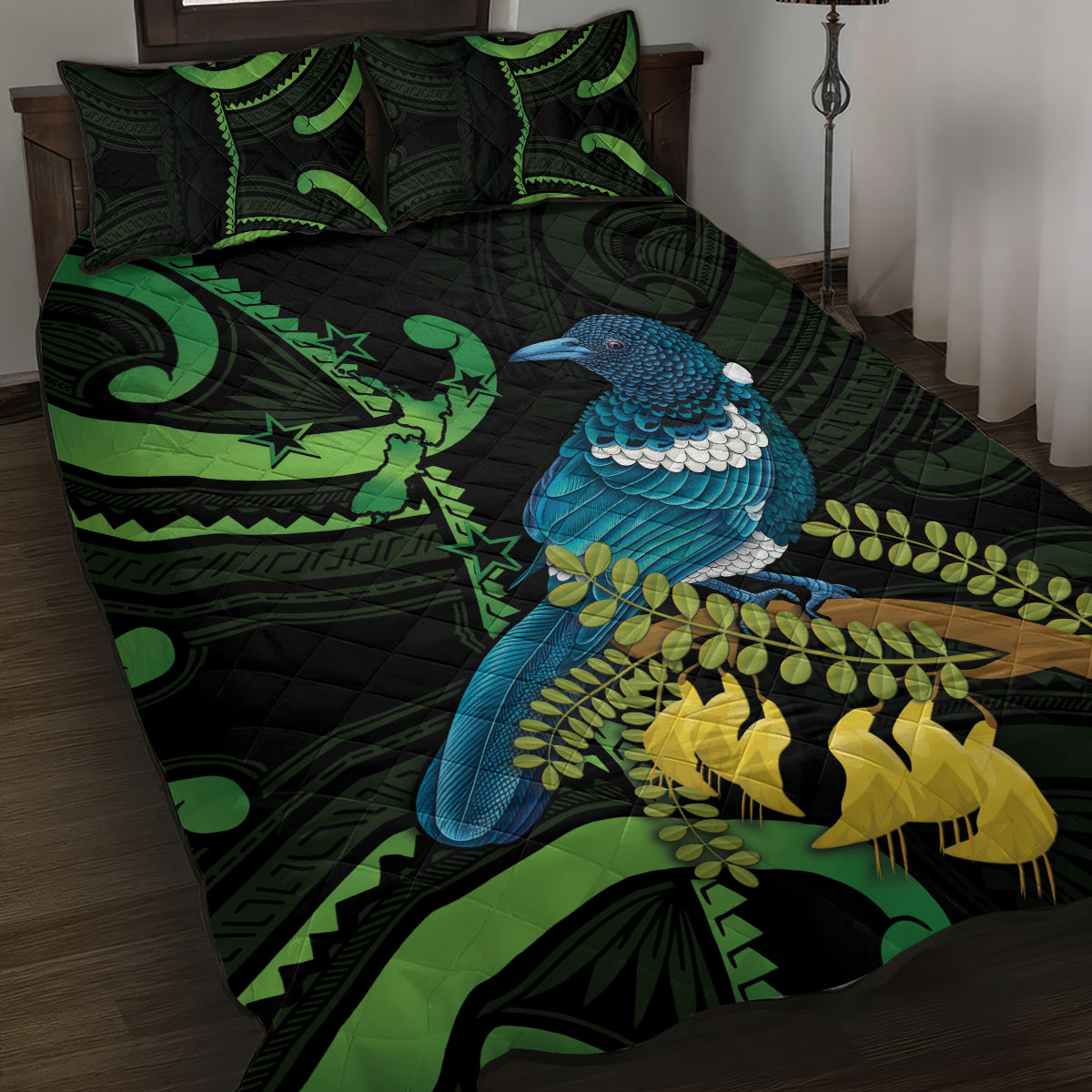 New Zealand Tui Bird Quilt Bed Set Aotearoa Maori With Kowhai Flowers