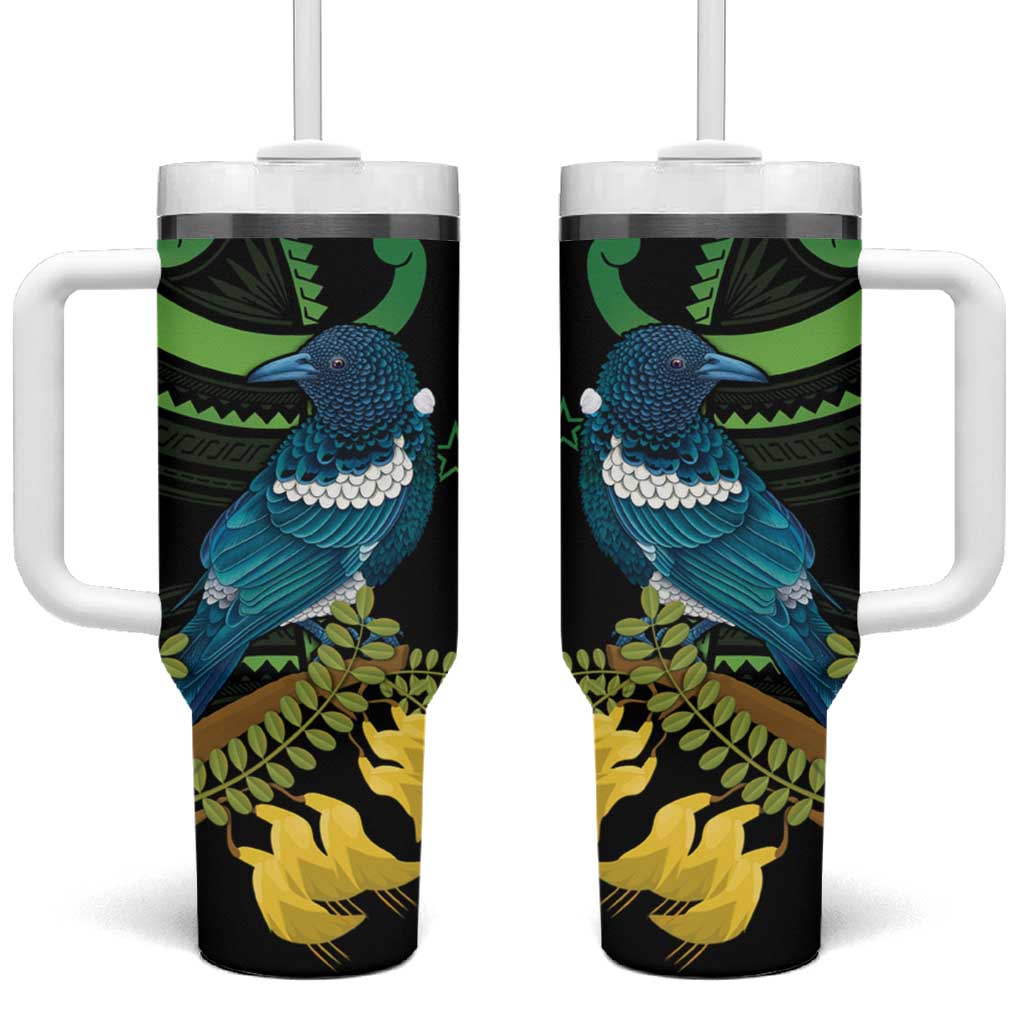 New Zealand Tui Bird Tumbler With Handle Aotearoa Maori With Kowhai Flowers LT14 One Size: 40 oz Black - Polynesian Pride