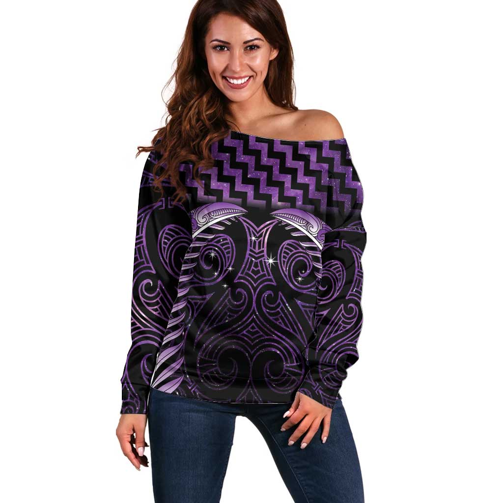 Purple Matariki New Zealand Off Shoulder Sweater Maori Poutama Galaxy Vibes LT14 Women Purple - Polynesian Pride