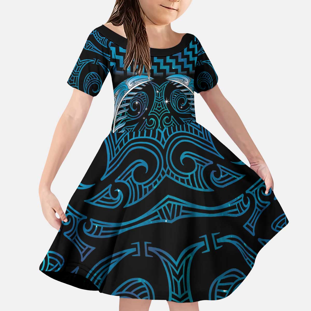 Blue Matariki New Zealand Kid Short Sleeve Dress Maori Poutama Galaxy Vibes LT14 KID Blue - Polynesian Pride