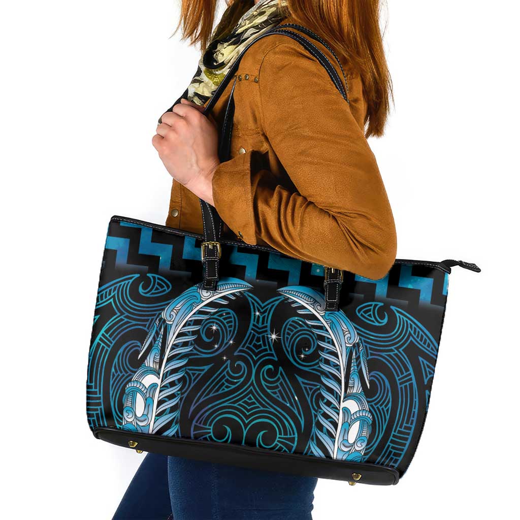 Blue Matariki New Zealand Leather Tote Bag Maori Poutama Galaxy Vibes LT14 Blue - Polynesian Pride