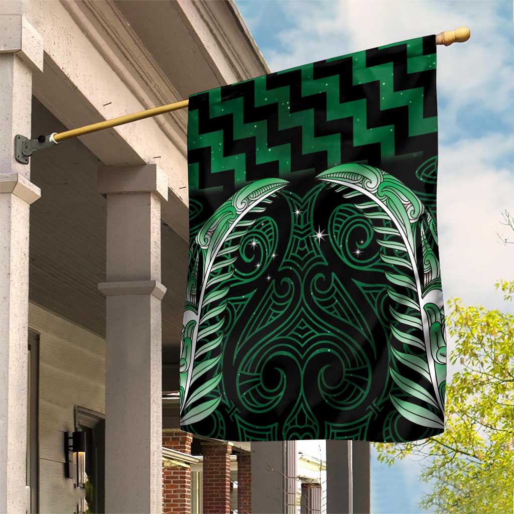 Green Matariki New Zealand Garden Flag Maori Poutama Galaxy Vibes LT14 House Flag Green - Polynesian Pride