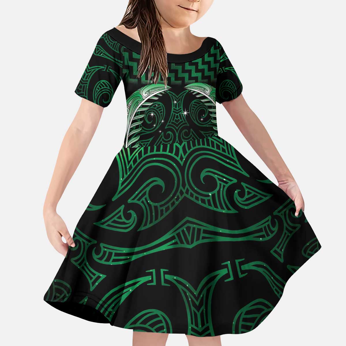 Green Matariki New Zealand Kid Short Sleeve Dress Maori Poutama Galaxy Vibes LT14 KID Green - Polynesian Pride
