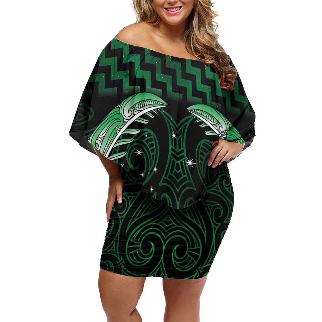 Green Matariki New Zealand Off Shoulder Short Dress Maori Poutama Galaxy Vibes LT14 Women Green - Polynesian Pride