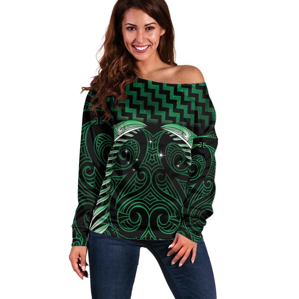 Green Matariki New Zealand Off Shoulder Sweater Maori Poutama Galaxy Vibes LT14 Women Green - Polynesian Pride