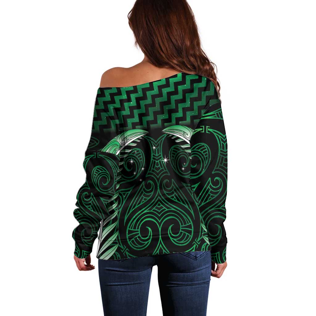 Green Matariki New Zealand Off Shoulder Sweater Maori Poutama Galaxy Vibes LT14 - Polynesian Pride