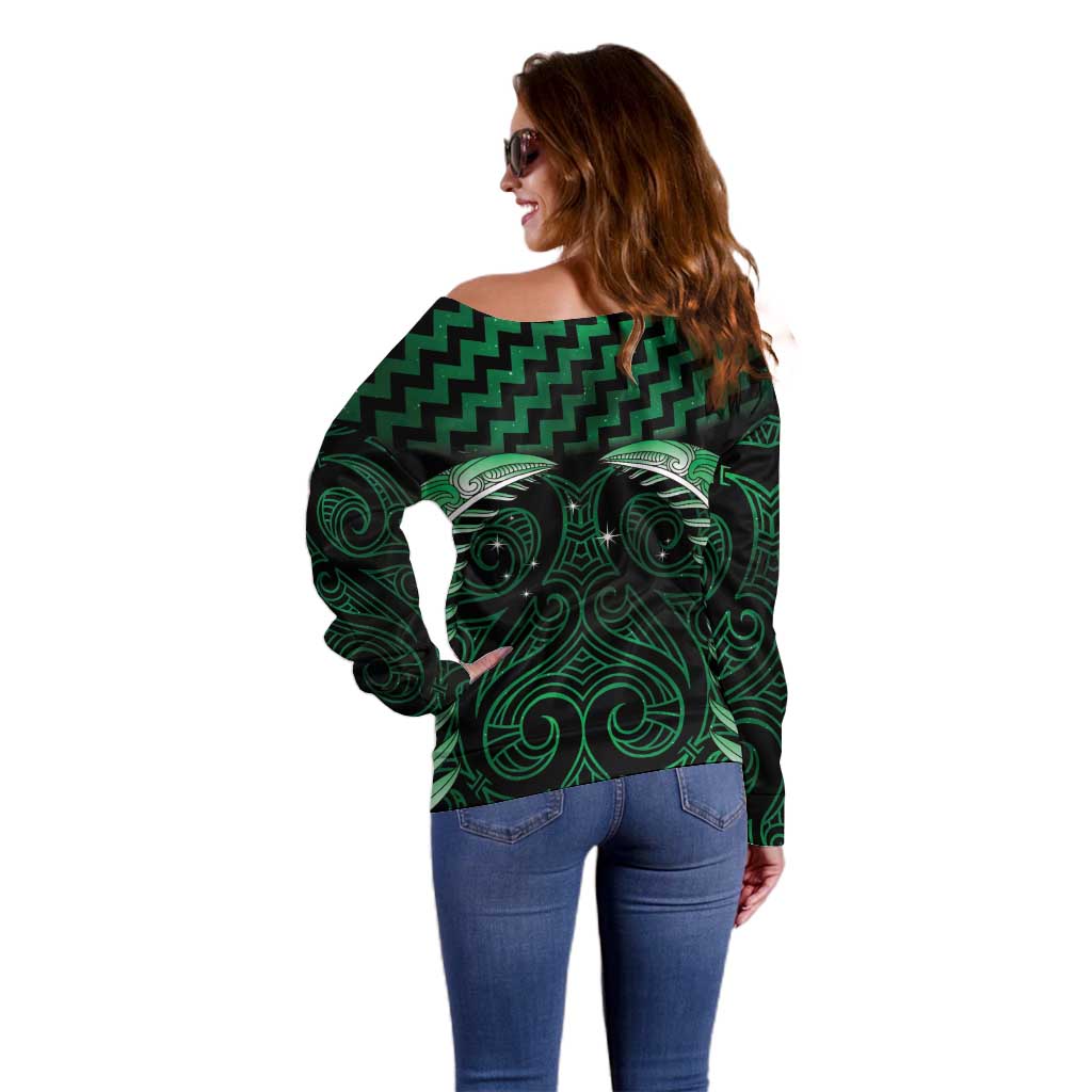 Green Matariki New Zealand Off Shoulder Sweater Maori Poutama Galaxy Vibes LT14 - Polynesian Pride