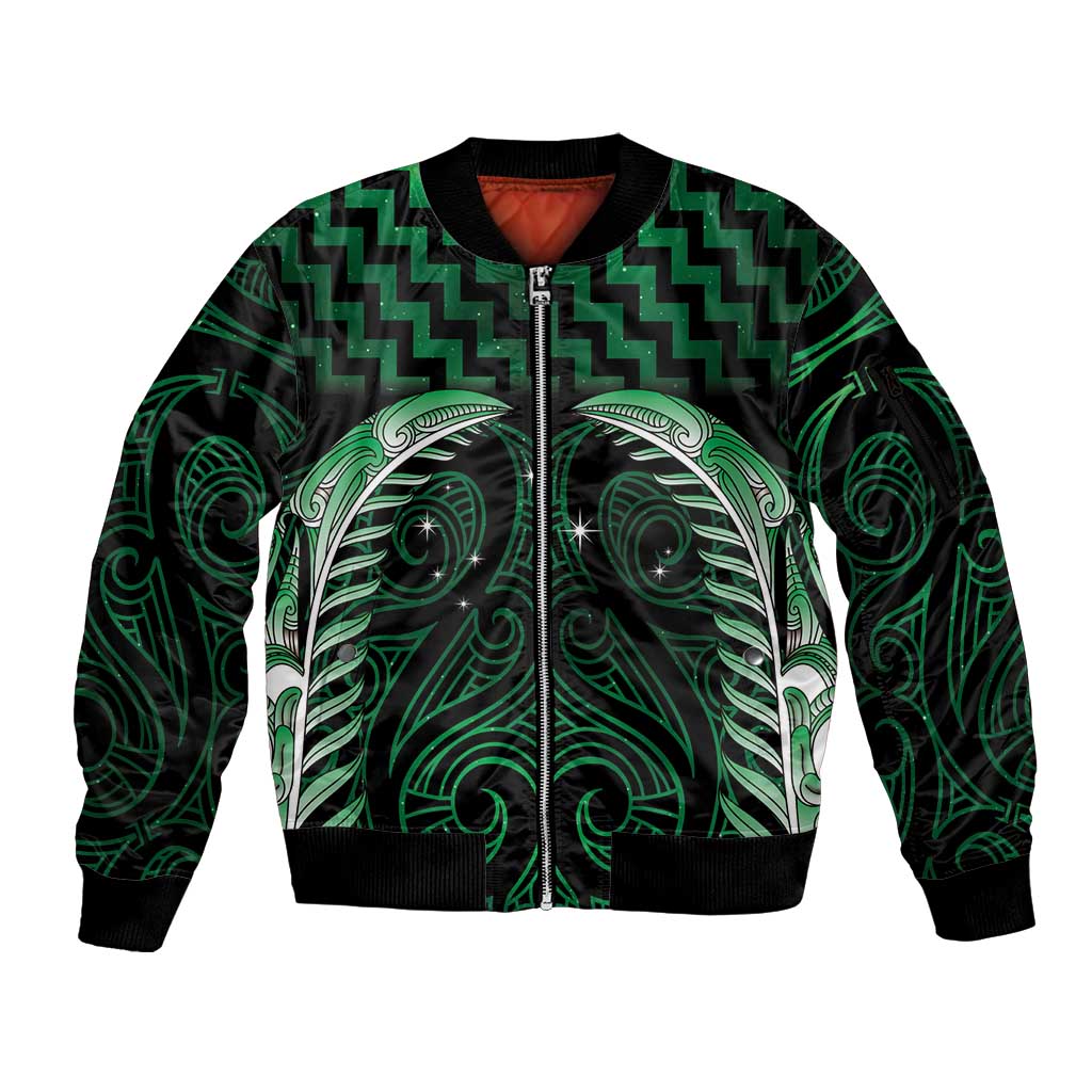 Green Matariki New Zealand Sleeve Zip Bomber Jacket Maori Poutama Galaxy Vibes LT14 Unisex Green - Polynesian Pride