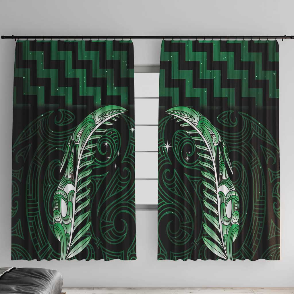 Green Matariki New Zealand Window Curtain Maori Poutama Galaxy Vibes LT14 With Hooks Green - Polynesian Pride