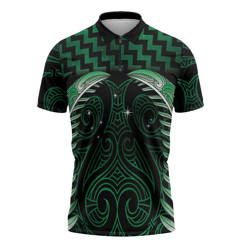 Green Matariki New Zealand Zipper Polo Shirt Maori Poutama Galaxy Vibes LT14 Green - Polynesian Pride