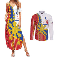 Philippines Independence Day Couples Matching Summer Maxi Dress and Long Sleeve Button Shirt Pilipinas Sun Stars Igorot Pattern LT14 Red - Polynesian Pride
