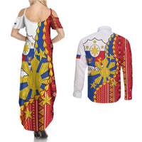 Philippines Independence Day Couples Matching Summer Maxi Dress and Long Sleeve Button Shirt Pilipinas Sun Stars Igorot Pattern LT14 - Polynesian Pride