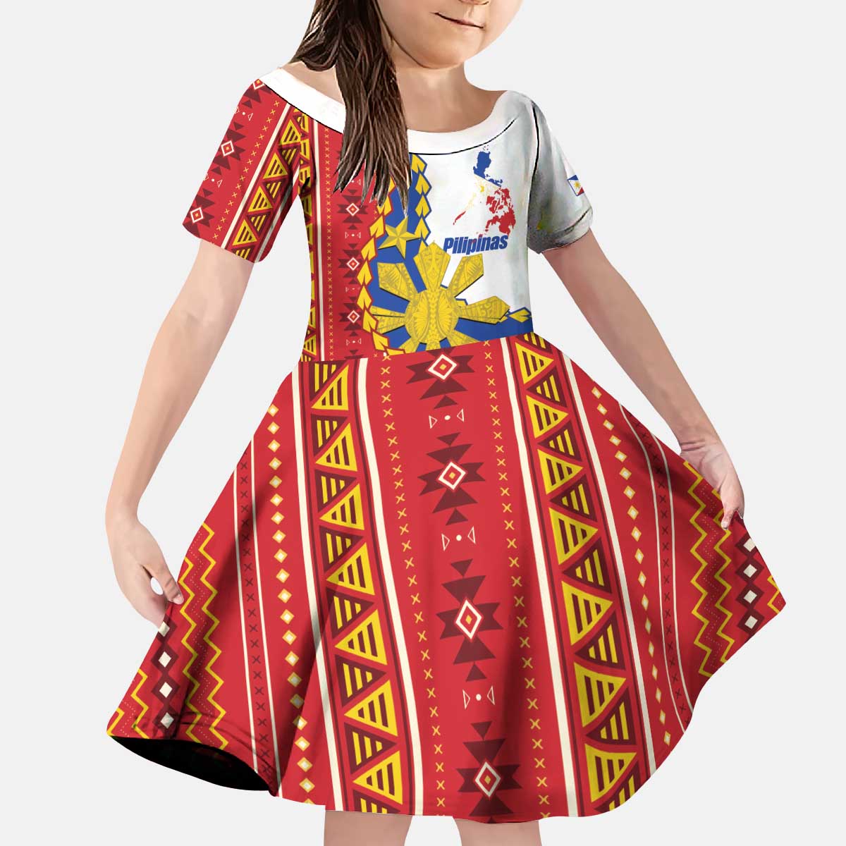 Philippines Independence Day Kid Short Sleeve Dress Pilipinas Sun Stars Igorot Pattern LT14 KID Red - Polynesian Pride