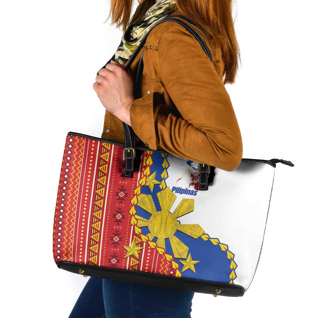 Philippines Independence Day Leather Tote Bag Pilipinas Sun Stars Igorot Pattern LT14 Red - Polynesian Pride