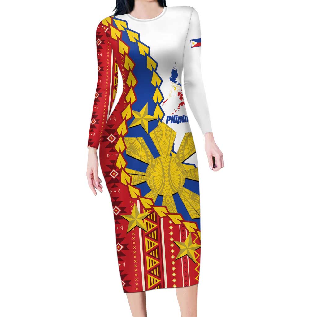 Philippines Independence Day Long Sleeve Bodycon Dress Pilipinas Sun Stars Igorot Pattern LT14 Long Dress Red - Polynesian Pride