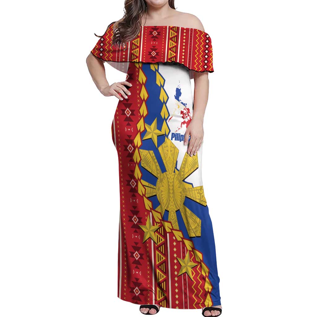 Philippines Independence Day Off Shoulder Maxi Dress Pilipinas Sun Stars Igorot Pattern LT14 Women Red - Polynesian Pride