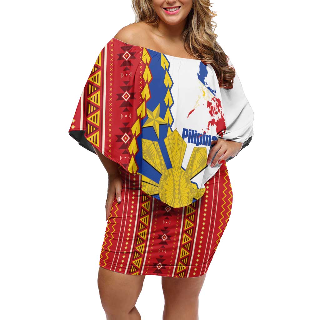 Philippines Independence Day Off Shoulder Short Dress Pilipinas Sun Stars Igorot Pattern LT14 Women Red - Polynesian Pride