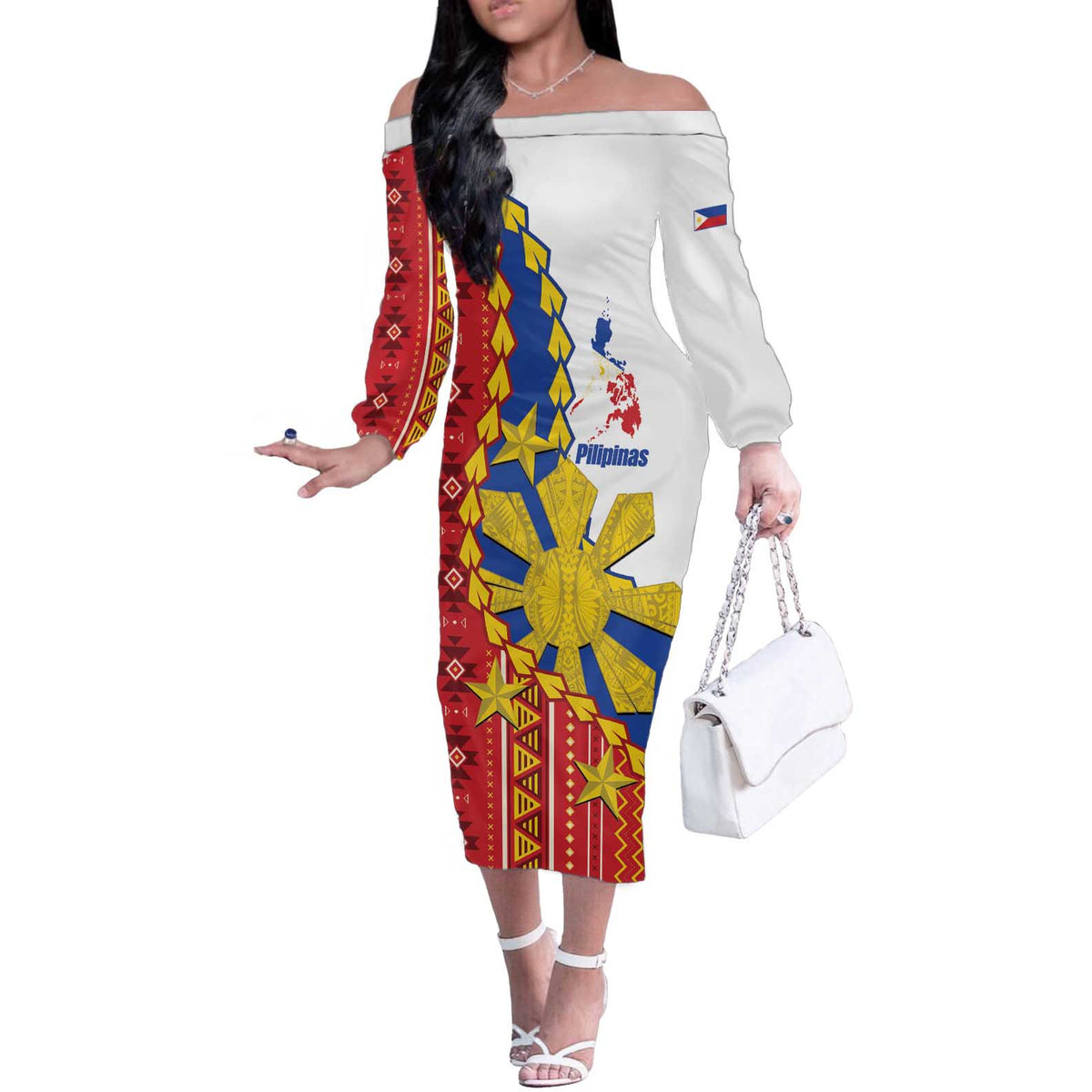 Philippines Independence Day Off The Shoulder Long Sleeve Dress Pilipinas Sun Stars Igorot Pattern LT14 Women Red - Polynesian Pride