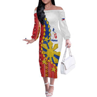 Philippines Independence Day Off The Shoulder Long Sleeve Dress Pilipinas Sun Stars Igorot Pattern LT14 Women Red - Polynesian Pride