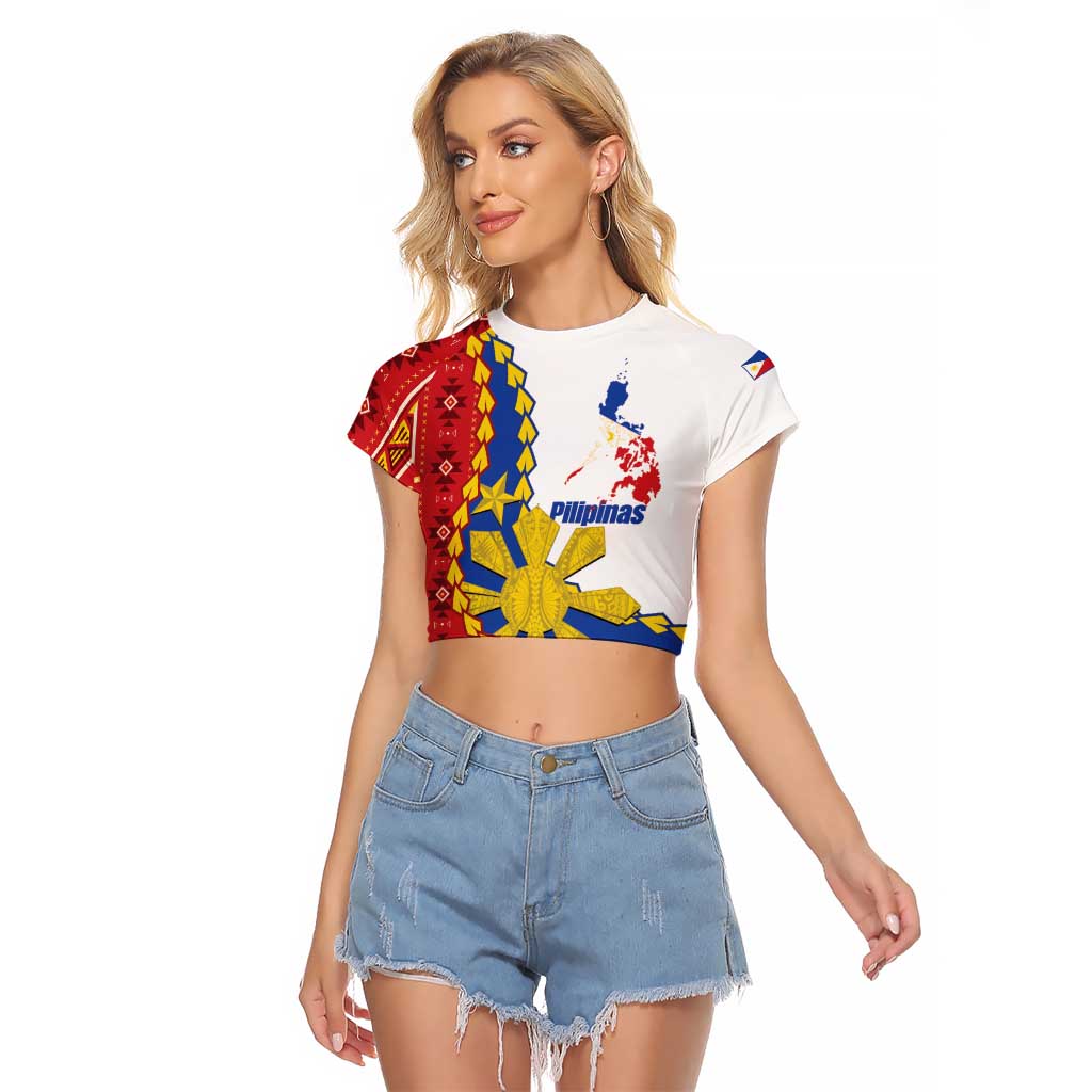 Philippines Independence Day Raglan Cropped T Shirt Pilipinas Sun Stars Igorot Pattern LT14 Female Red - Polynesian Pride