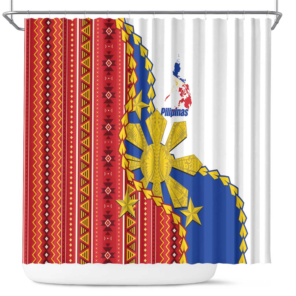 Philippines Independence Day Shower Curtain Pilipinas Sun Stars Igorot Pattern LT14 Red - Polynesian Pride