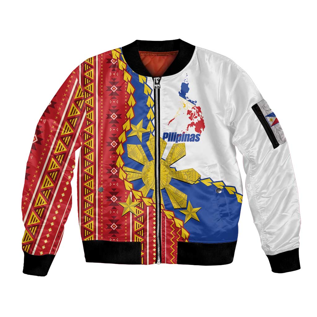 Philippines Independence Day Sleeve Zip Bomber Jacket Pilipinas Sun Stars Igorot Pattern LT14 Unisex Red - Polynesian Pride