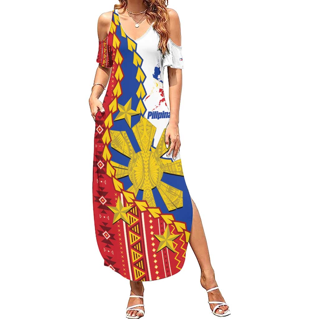 Philippines Independence Day Summer Maxi Dress Pilipinas Sun Stars Igorot Pattern LT14 Women Red - Polynesian Pride