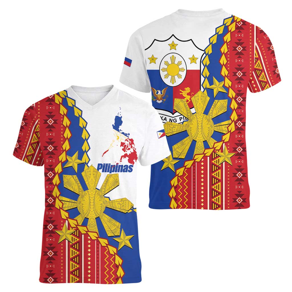 Philippines Independence Day Women V-Neck T-Shirt Pilipinas Sun Stars Igorot Pattern LT14 - Polynesian Pride
