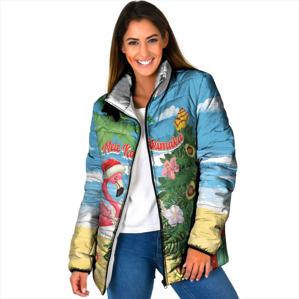 Flamingo Hawaii Summer Christmas Personalized Padded Jacket Mele Kalikimaka Beachy Vibes LT14 Women Blue - Polynesian Pride