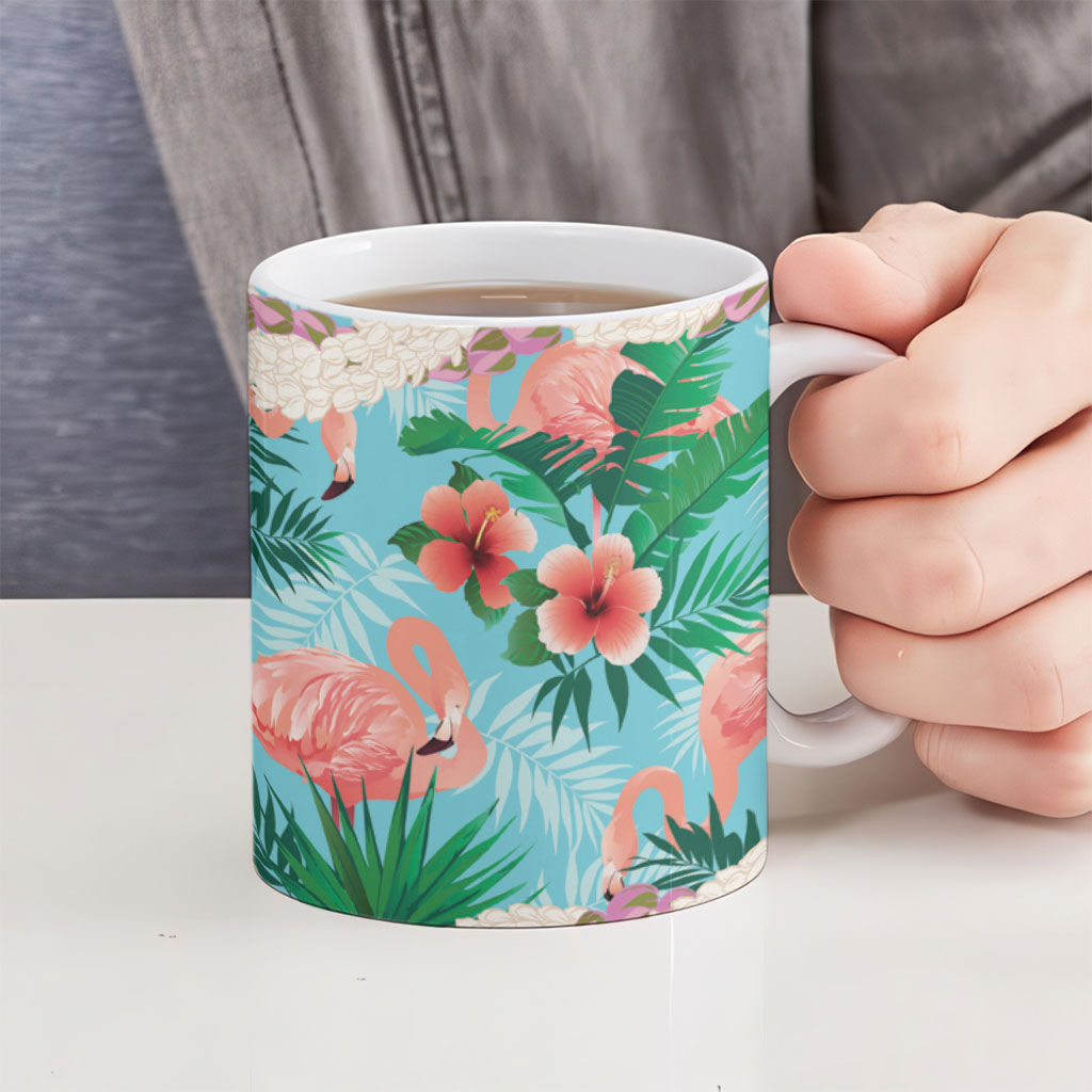 Flamingo Hawaii Summer Ceramic Mug Hawaiian Lei Pakala Motifs Tropical Style LT14 - Polynesian Pride