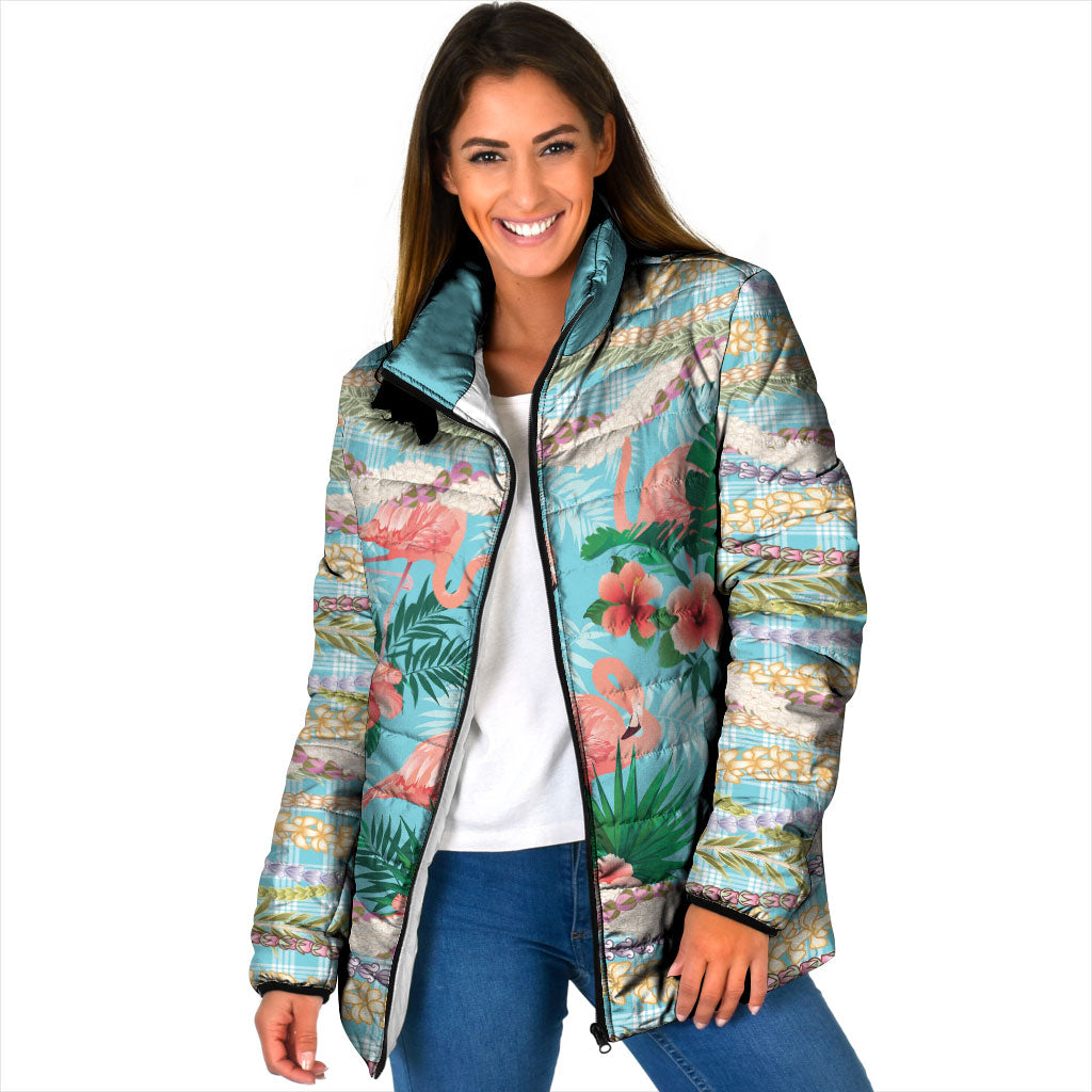 Flamingo Hawaii Summer Padded Jacket Hawaiian Lei Pakala Motifs Tropical Style LT14 Women Cyan - Polynesian Pride