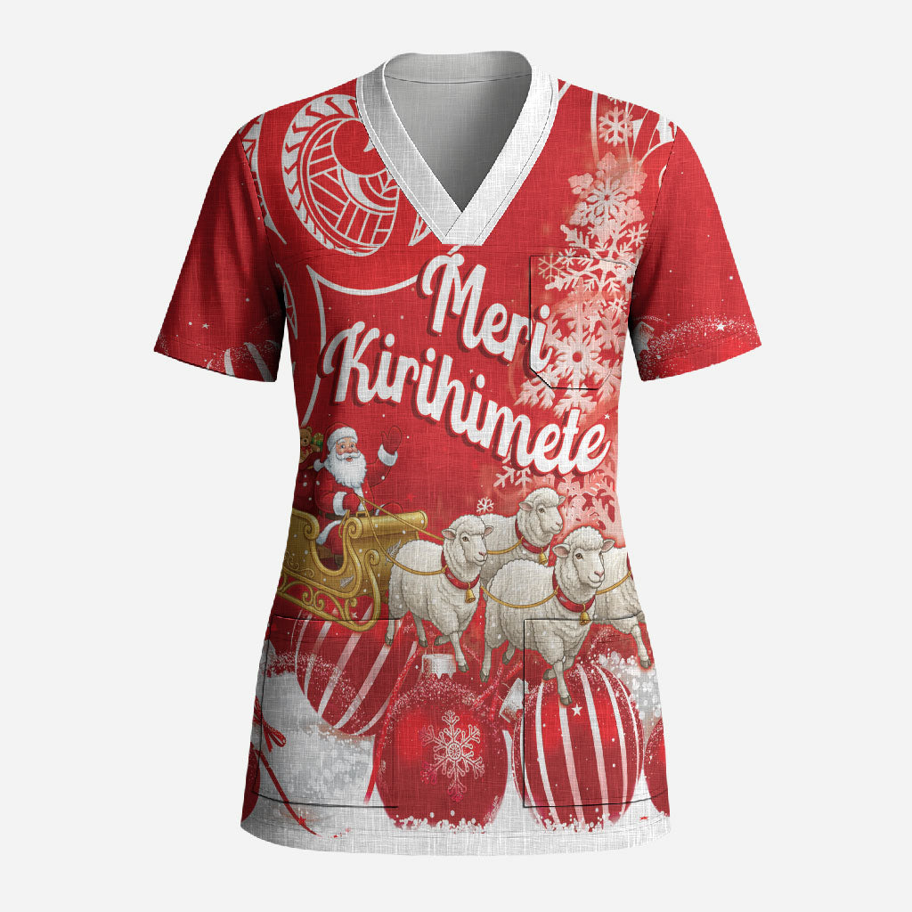 New Zealand Christmas In July Personalised Scrub Top Funny Santa Sheep Meri Kirihimete Red LT14 Adult Red - Polynesian Pride