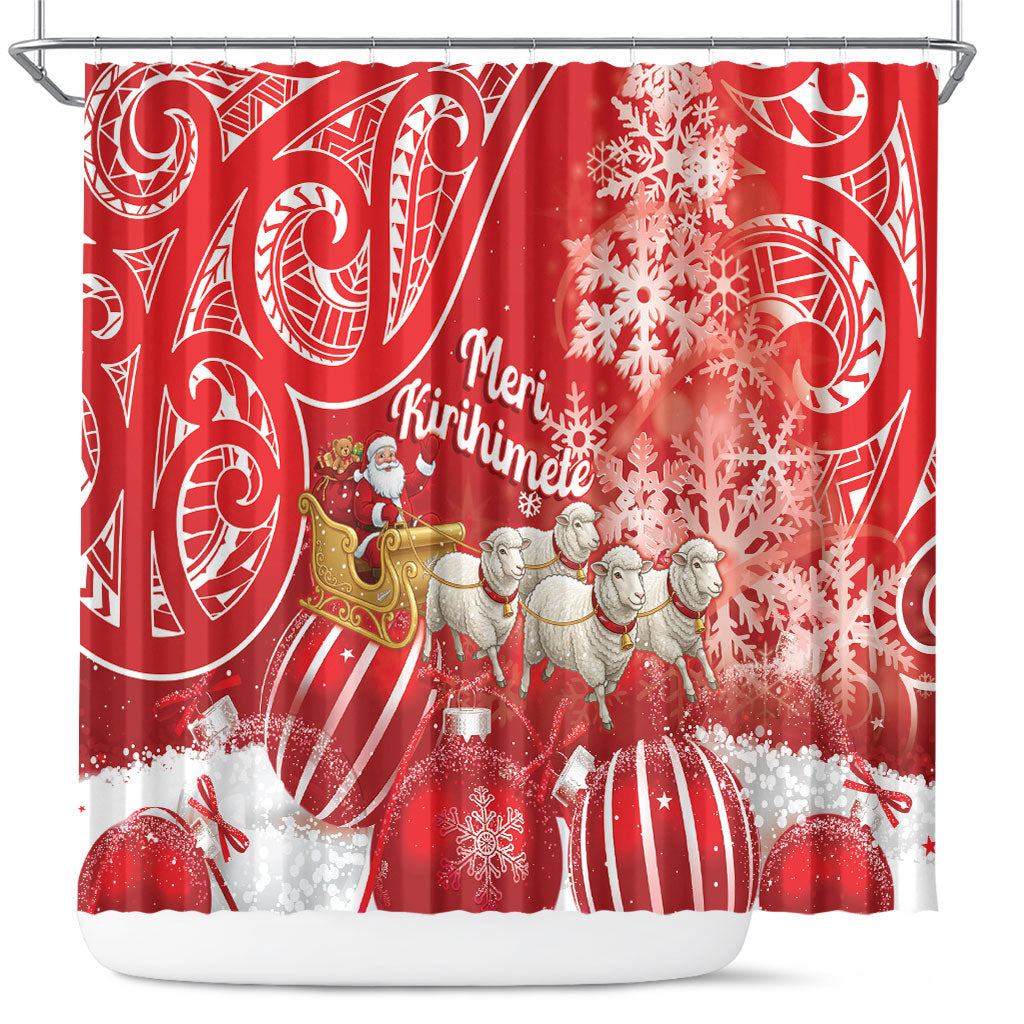 New Zealand Christmas In July Shower Curtain Funny Santa Sheep Meri Kirihimete Red LT14 Red - Polynesian Pride