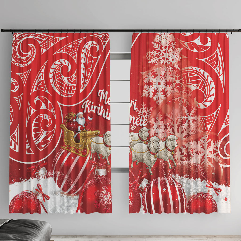 New Zealand Christmas In July Window Curtain Funny Santa Sheep Meri Kirihimete Red LT14 With Hooks Red - Polynesian Pride