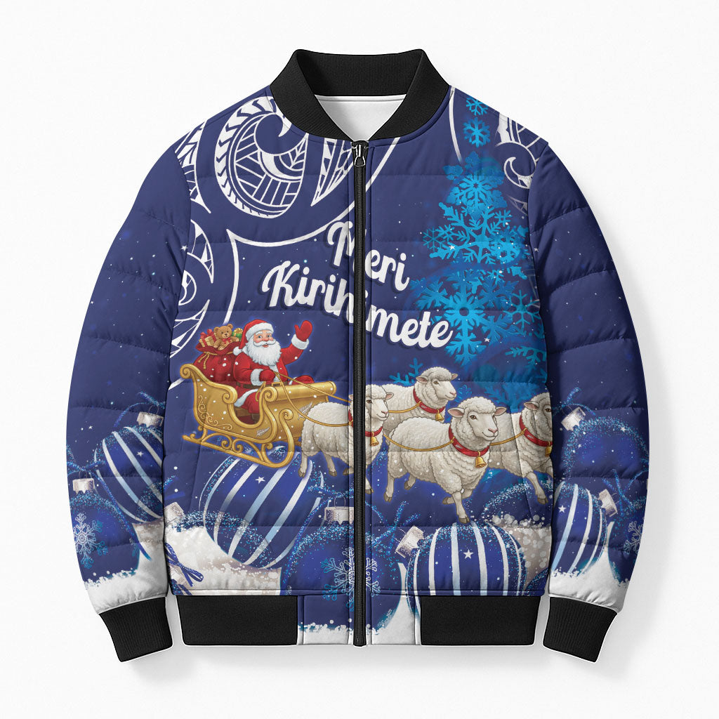New Zealand Christmas In July Personalised Bomber Puffer Jacket Funny Santa Sheep Meri Kirihimete Blue LT14 Unisex Blue - Polynesian Pride