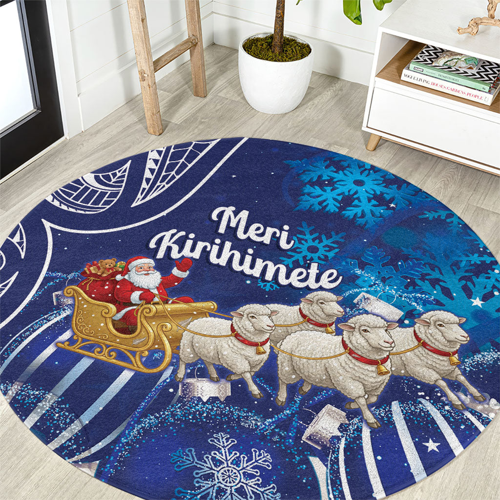 New Zealand Christmas In July Round Carpet Funny Santa Sheep Meri Kirihimete Blue LT14 Blue - Polynesian Pride