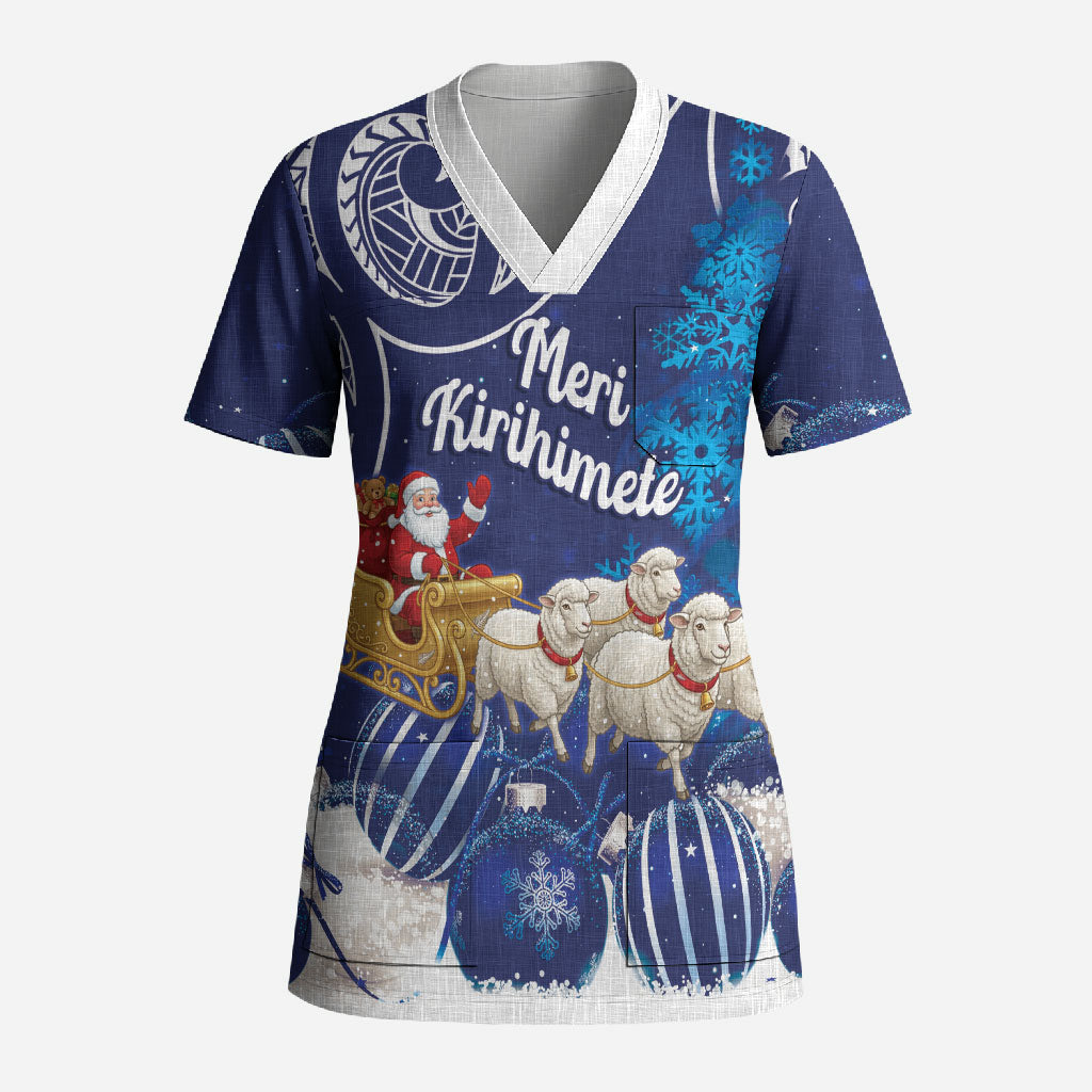 New Zealand Christmas In July Personalised Scrub Top Funny Santa Sheep Meri Kirihimete Blue LT14 Adult Blue - Polynesian Pride