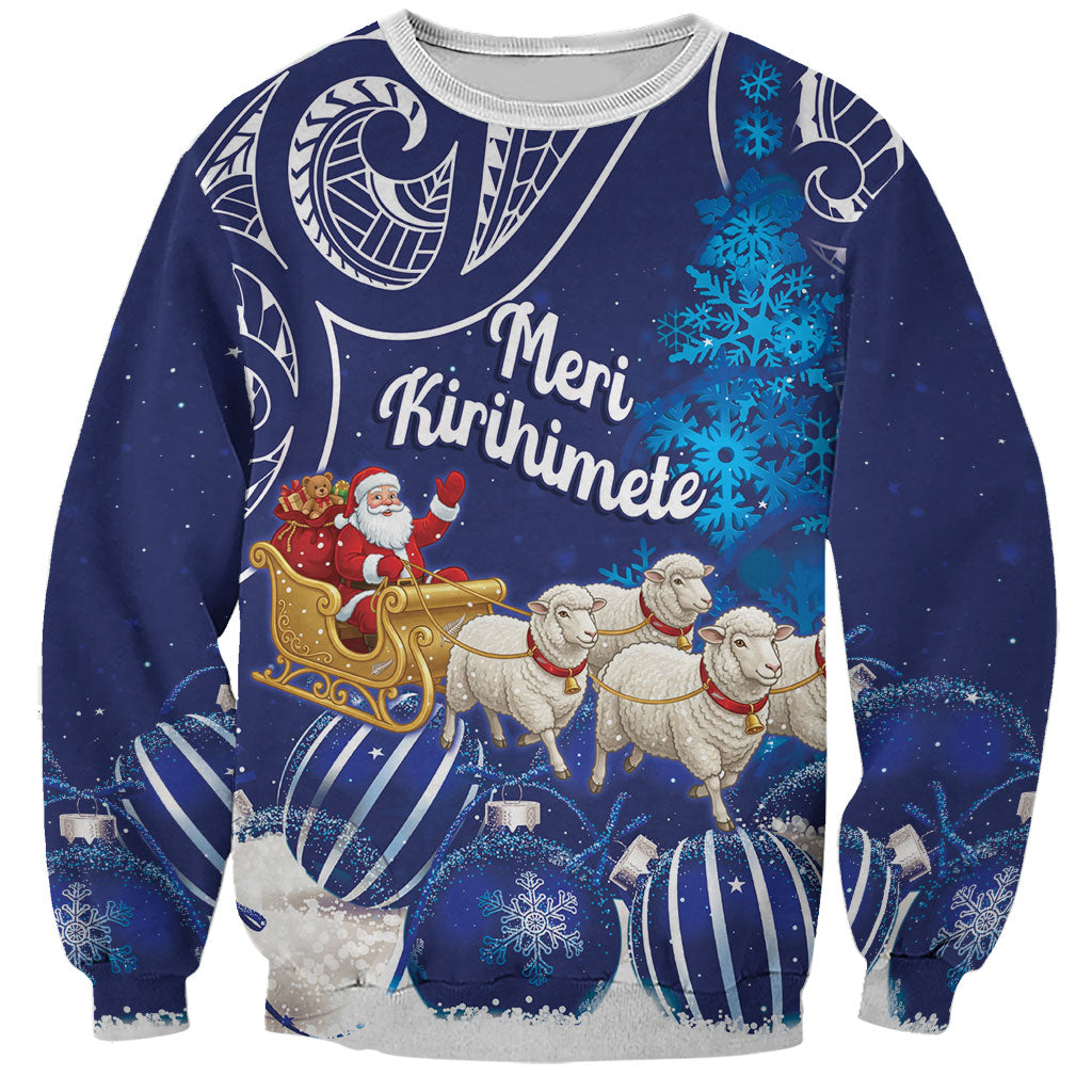 New Zealand Christmas In July Personalised Sweatshirt Funny Santa Sheep Meri Kirihimete Blue LT14 Unisex Blue - Polynesian Pride