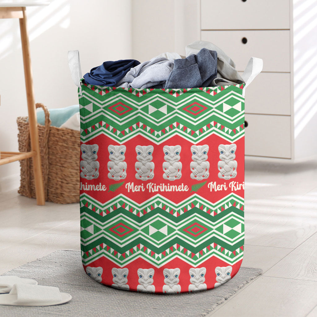 New Zealand Christmas In July Laundry Basket Meri Kirihimete Hei Tiki Taniko Motifs Seamless LT14 Red - Polynesian Pride