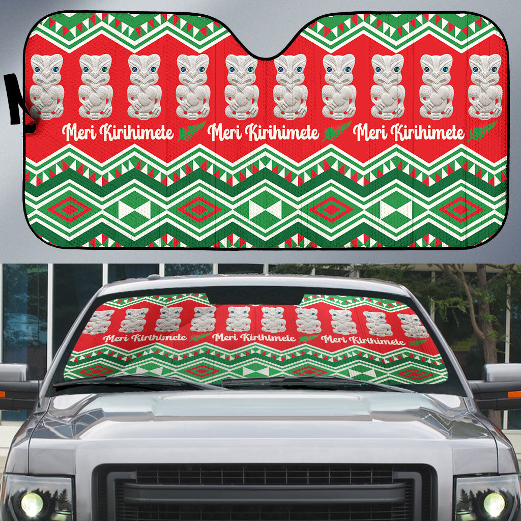 New Zealand Christmas In July Auto Sun Shade Meri Kirihimete Hei Tiki Taniko Motifs Seamless LT14 Red - Polynesian Pride