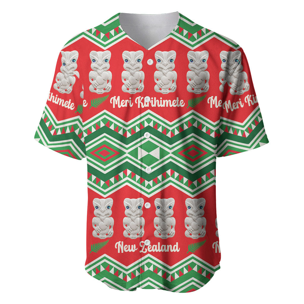 New Zealand Christmas In July Baseball Jersey Meri Kirihimete Hei Tiki Taniko Motifs Seamless LT14 Red - Polynesian Pride