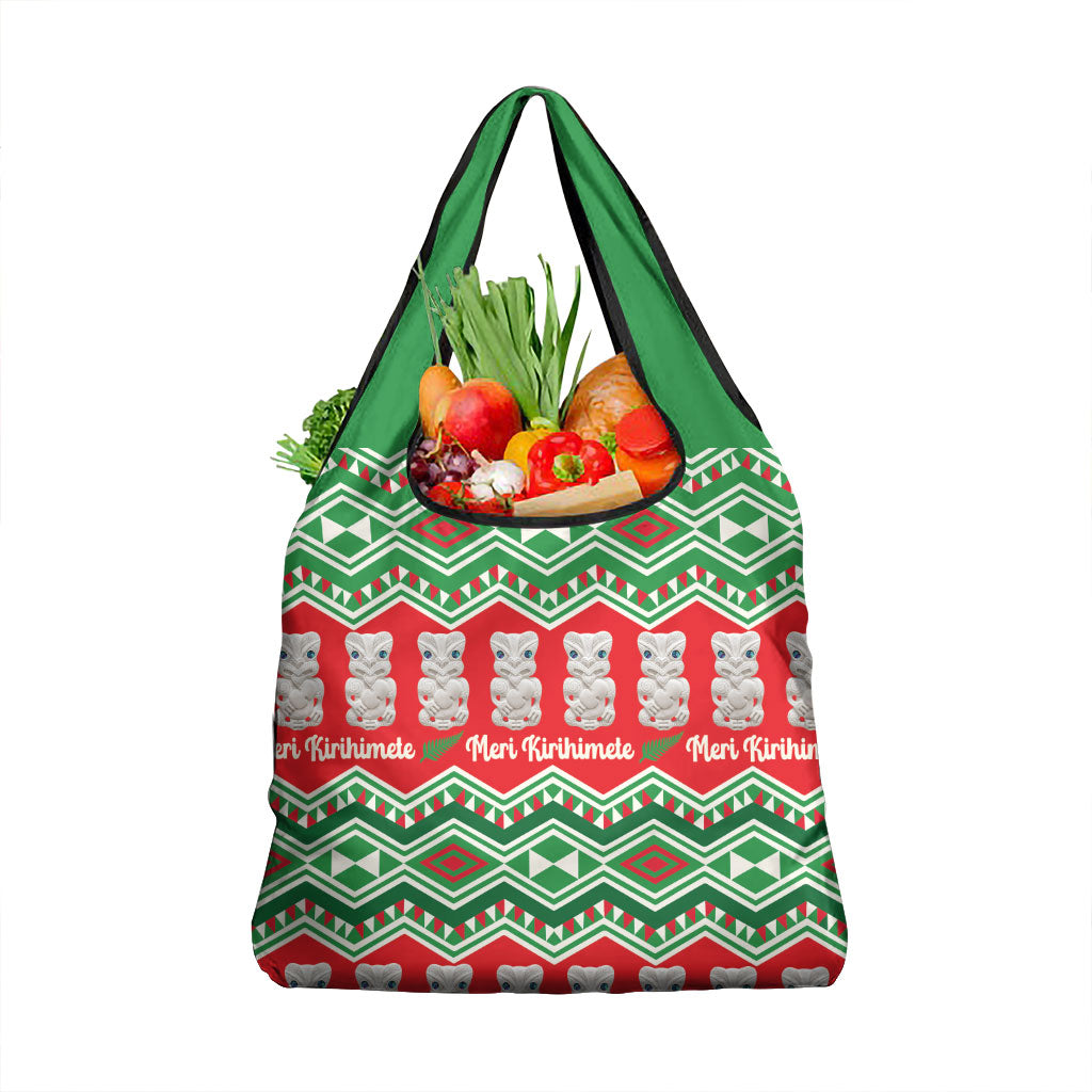 New Zealand Christmas In July Grocery Bag Meri Kirihimete Hei Tiki Taniko Motifs Seamless LT14 1-pack One Size Red - Polynesian Pride