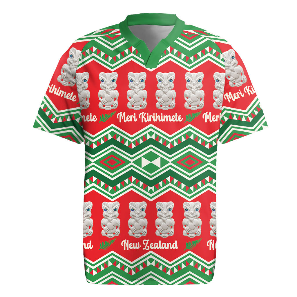 New Zealand Christmas In July Rugby Jersey Meri Kirihimete Hei Tiki Taniko Motifs Seamless LT14 Red - Polynesian Pride
