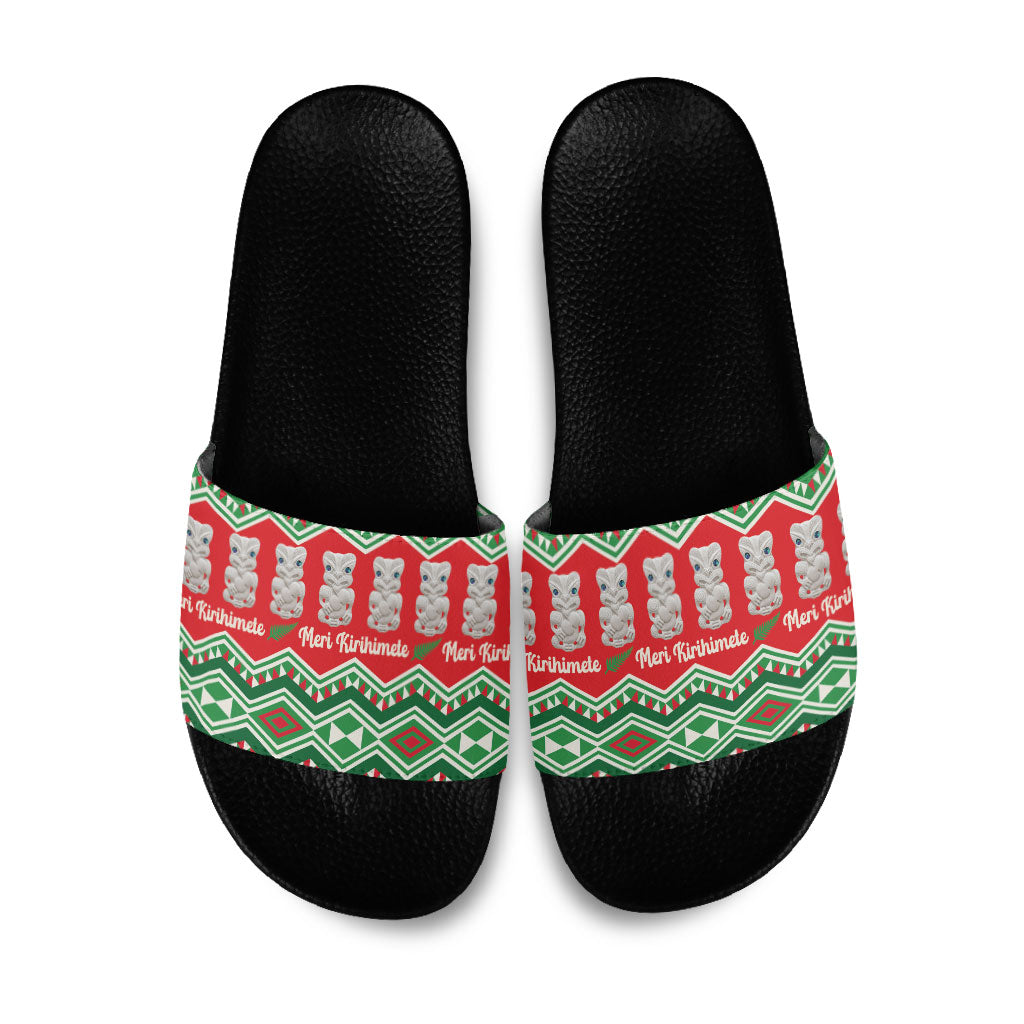 New Zealand Christmas In July Slide Sandals Meri Kirihimete Hei Tiki Taniko Motifs Seamless LT14 Red - Polynesian Pride
