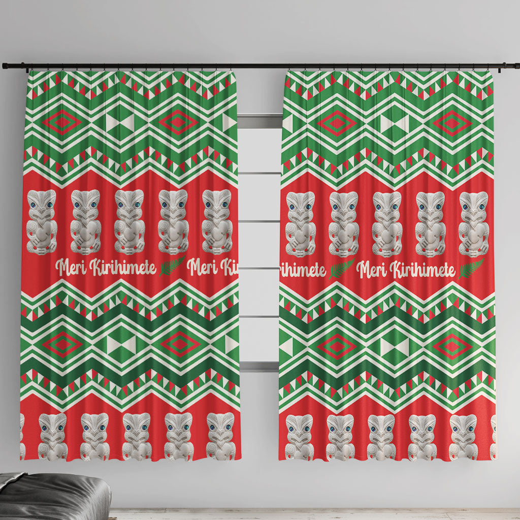 New Zealand Christmas In July Window Curtain Meri Kirihimete Hei Tiki Taniko Motifs Seamless LT14 With Hooks Red - Polynesian Pride