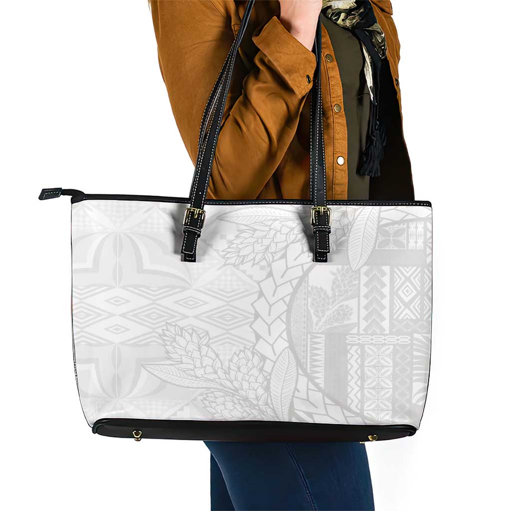 Samoa White Sunday Leather Tote Bag Lotu Tamaiti Siapo With Teuila LT14 - Polynesian Pride