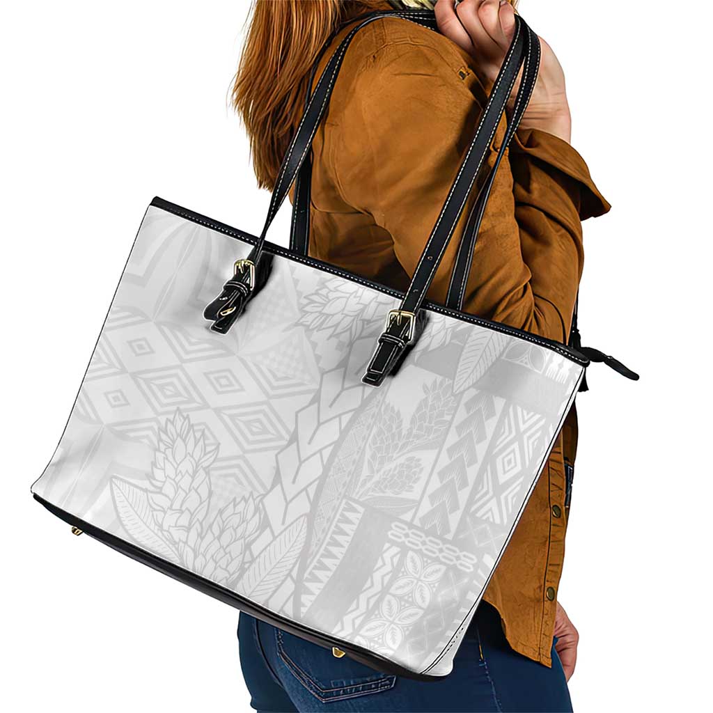 Samoa White Sunday Leather Tote Bag Lotu Tamaiti Siapo With Teuila LT14 - Polynesian Pride