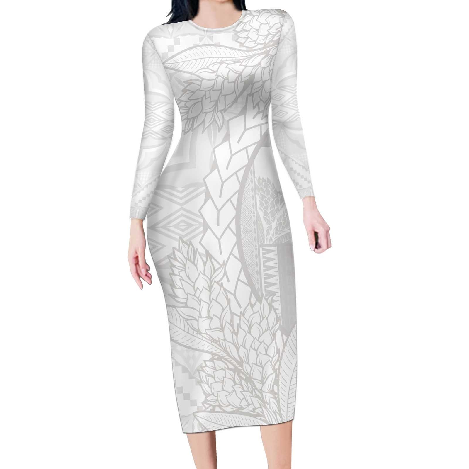 Samoa White Sunday Long Sleeve Bodycon Dress Lotu Tamaiti Siapo With Teuila LT14 Long Dress White - Polynesian Pride