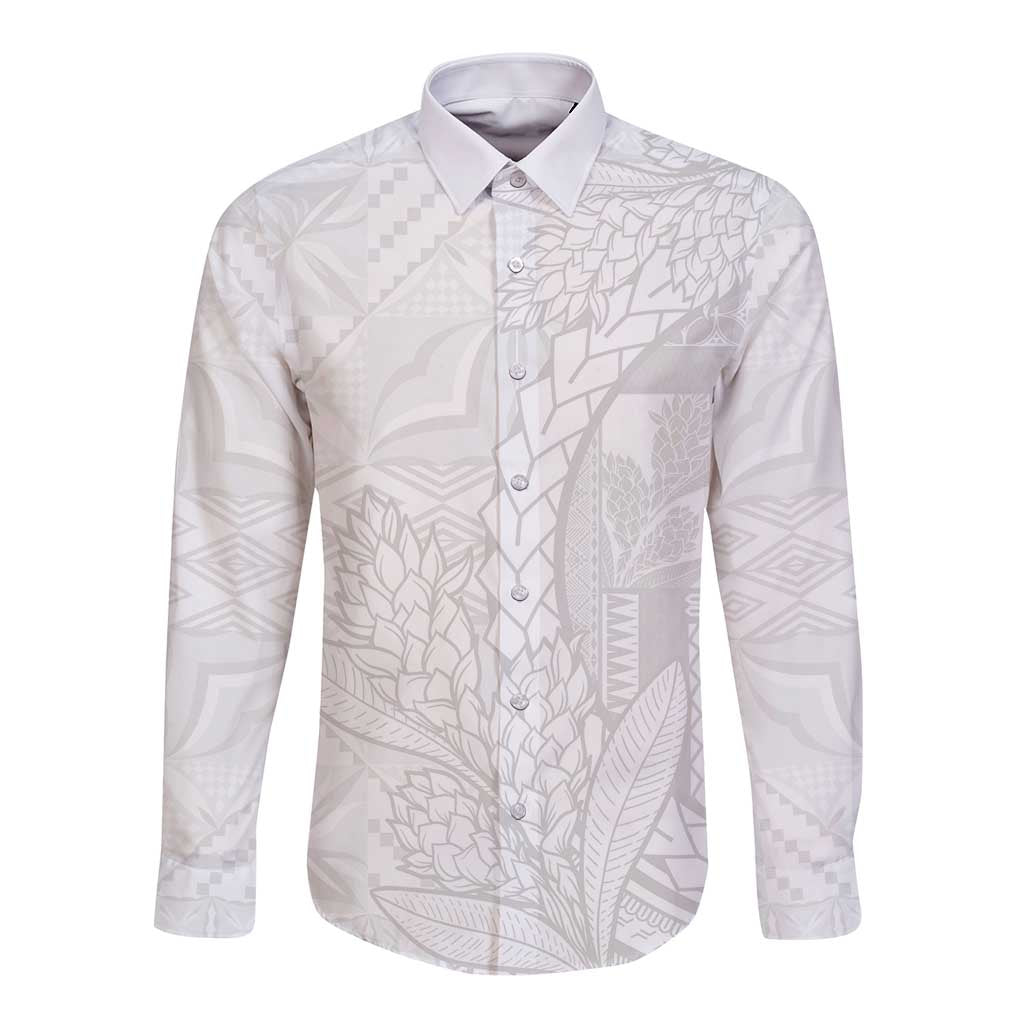 Samoa White Sunday Long Sleeve Button Shirt Lotu Tamaiti Siapo With Teuila LT14 Unisex White - Polynesian Pride